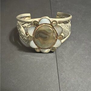Floral Mother-of-Pearl Cuff Bracelet - White and Gold-Tone